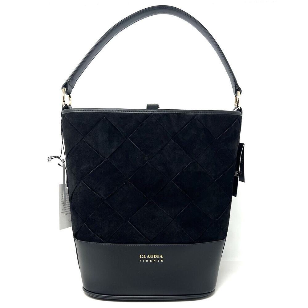 Claudia Firenze Suede Bucket Shoulder Bag Woven Purse Black Italian Leather NWT